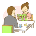 Illustrations of men and women eat in a restaurant