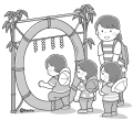 茅の輪をくぐるこどもたちと見守る保育士さんのイラスト(モノクロ) 茅の輪をくぐるこどもたちと見守る保育士さんのイラスト(モノクロ)