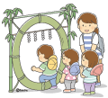 茅の輪をくぐるこどもたちと見守る保育士さんのイラスト(カラー) 茅の輪をくぐるこどもたちと見守る保育士さんのイラスト(カラー)