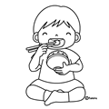 食欲の秋・新米を食べる子どものイラスト（ぬりえ）