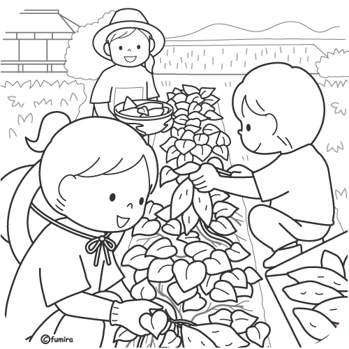芋ほりをする子どもたちのイラスト ぬりえ 子供と動物のイラスト屋さん わたなべふみ