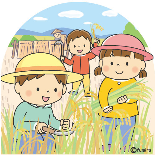 稲刈りをする子どもたちのイラスト カラー 子供と動物のイラスト屋さん わたなべふみ