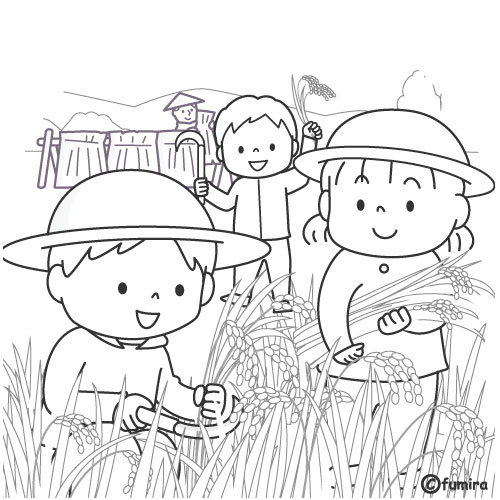 稲刈りをする子どもたちのイラスト ぬりえ 子供と動物のイラスト屋さん わたなべふみ