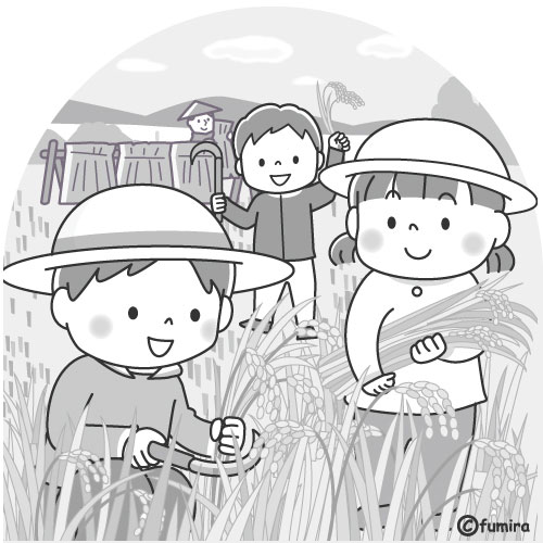 稲刈りをする子どもたちのイラスト モノクロ 子供と動物のイラスト屋さん わたなべふみ