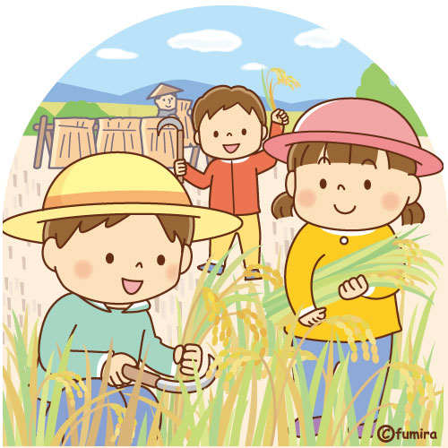 稲刈りをする子どもたちのイラスト（ソフト）