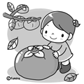 柿と子どものイラスト（モノクロ）