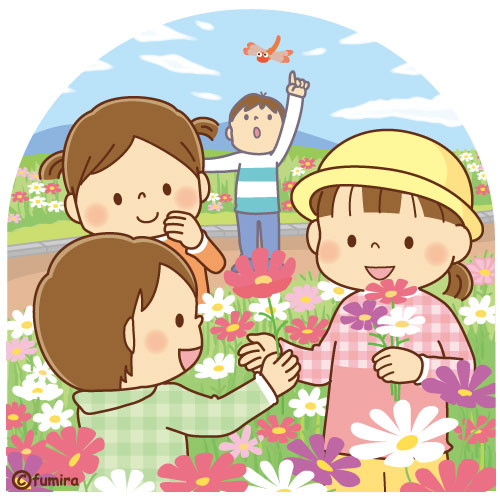 コスモスの花と子どもたちのイラスト（ソフト）