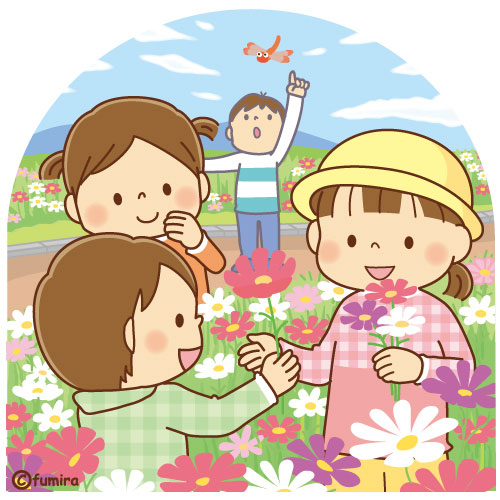 コスモスの花と子どもたちのイラスト ソフト 子供と動物のイラスト屋さん わたなべふみ