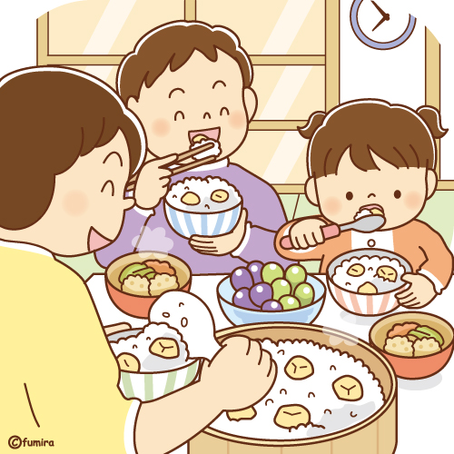 栗ごはんを食べる子どもたちのイラスト（ソフト）