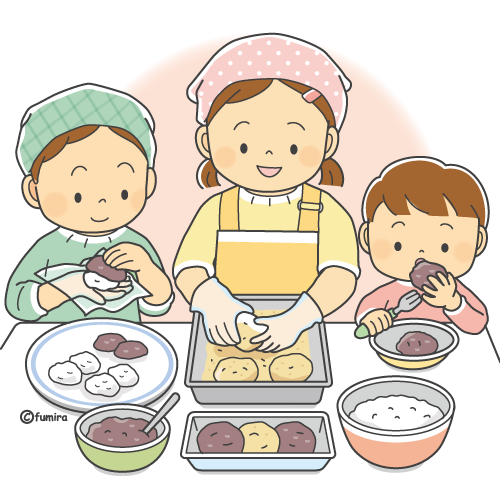 おはぎを作るこどもたちのイラスト(カラー)