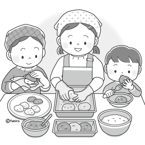 おはぎを作るこどもたちのイラスト(モノクロ)