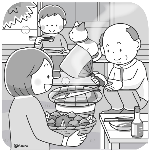 七輪でサンマを焼く家族のイラスト（モノクロ）