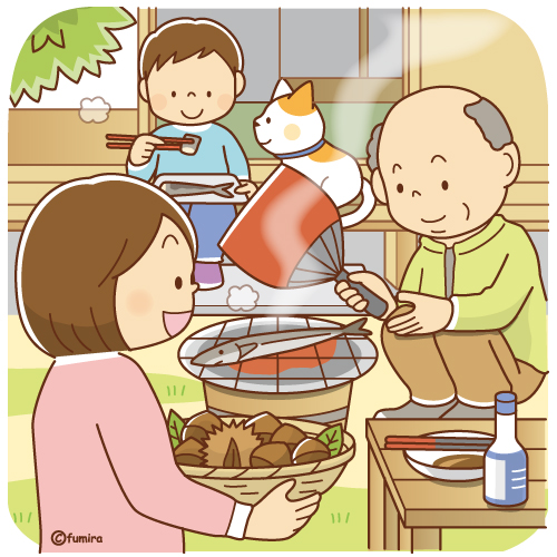 七輪でサンマを焼く家族のイラスト（ソフト）