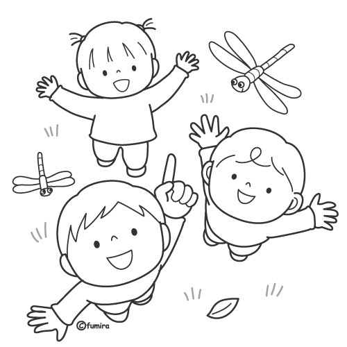 とんぼをおいかけるこどもたち（ぬりえ）