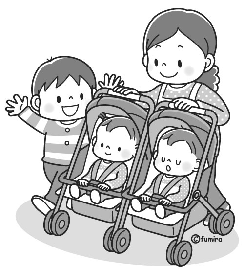 ベビーカーに乗る双子の赤ちゃんと親子のイラスト モノクロ 子供と動物のイラスト屋さん わたなべふみ