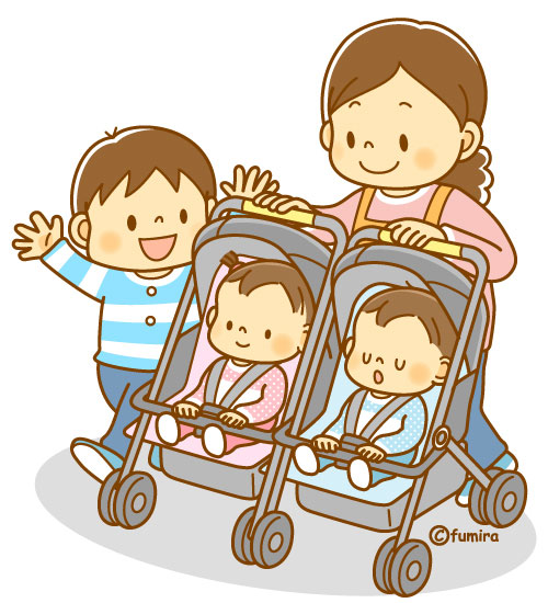 ベビーカーに乗る双子の赤ちゃんと親子のイラスト（ソフト）