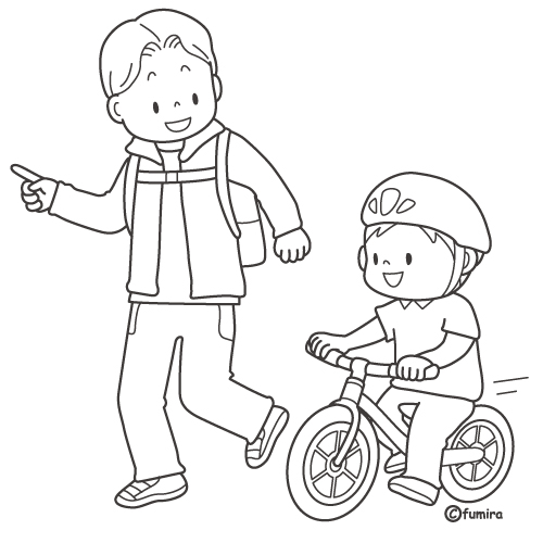 ランニングバイクに乗る男の子とパパのイラスト（ぬりえ）