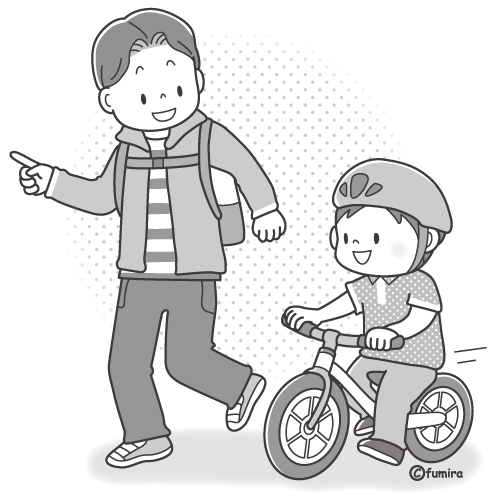ランニングバイクに乗る男の子とパパのイラスト（モノクロ）