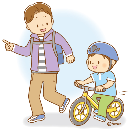 ランニングバイクに乗る男の子とパパのイラスト（ソフト）