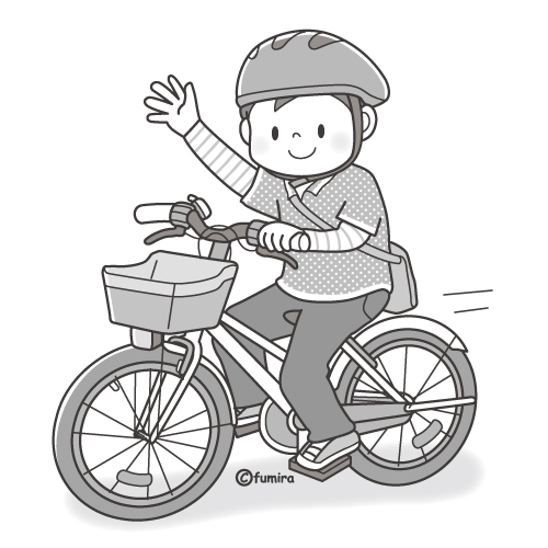 自転車に乗って手を振る男の子のイラスト モノクロ 子供と動物のイラスト屋さん わたなべふみ