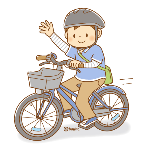 自転車に乗って手を振る男の子のイラスト（ソフト）