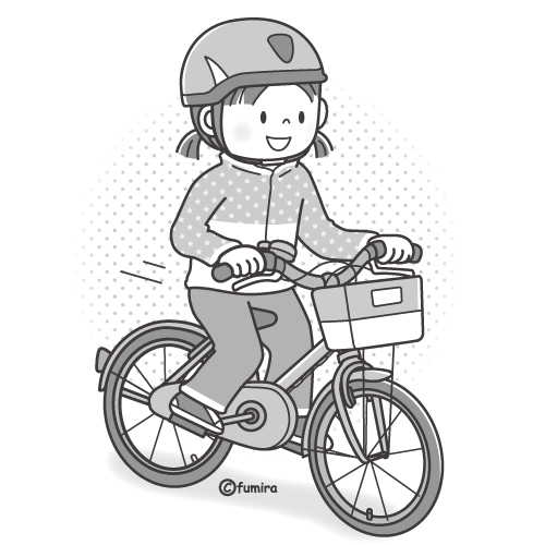 自転車に乗る女の子のイラスト モノクロ 子供と動物のイラスト屋さん わたなべふみ