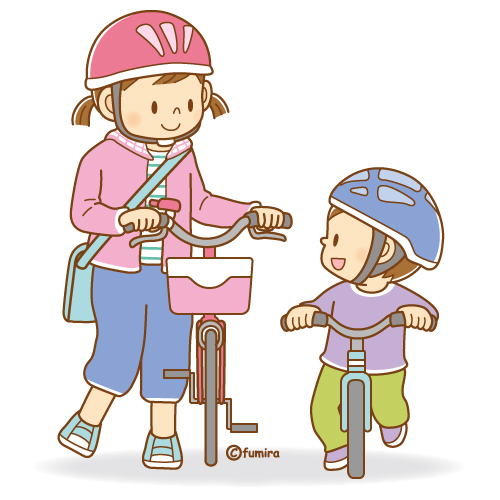 自転車を押して歩く女の子と弟のイラスト（ソフト）