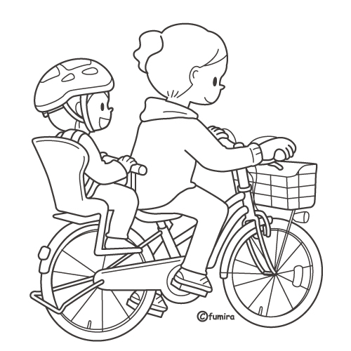 自転車で２人乗りをする親子のイラスト（ぬりえ）
