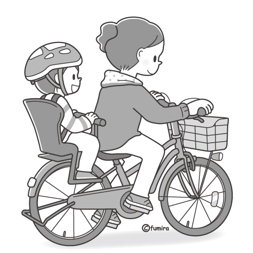 自転車で２人乗りをする親子のイラスト（モノクロ）