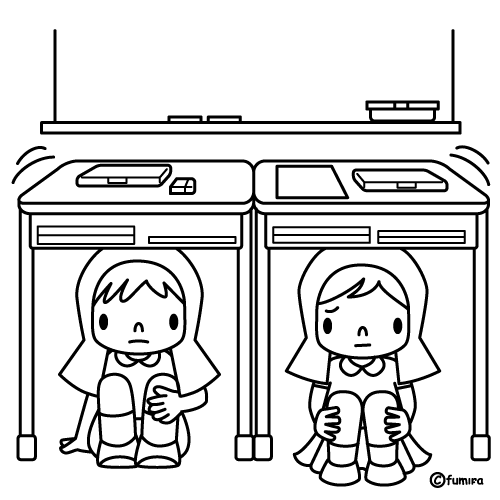 地震避難訓練のイラスト（ぬりえ）