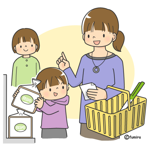 買い物を控える子供と母親のイラスト カラー