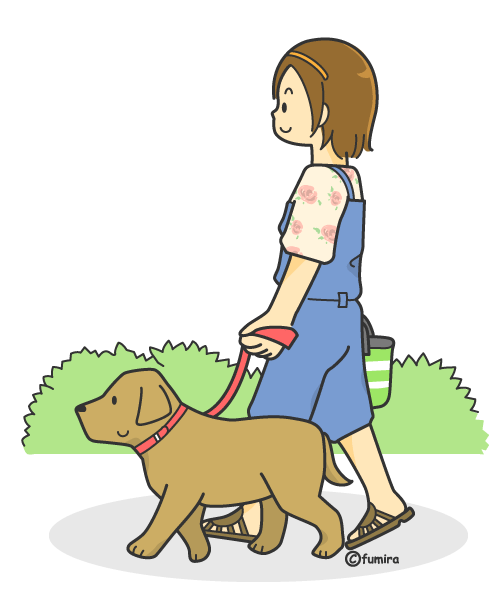 犬の散歩をする女の子のイラスト カラー 子供と動物のイラスト屋さん わたなべふみ