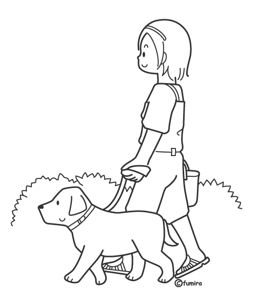 犬の散歩をする女の子のイラスト ぬりえ 子供と動物のイラスト屋さん わたなべふみ