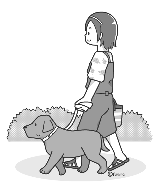 犬の散歩をする女の子のイラスト モノクロ 子供と動物のイラスト屋さん わたなべふみ