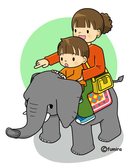 ゾウに乗る親子のイラスト カラー 子供と動物のイラスト屋さん わたなべふみ