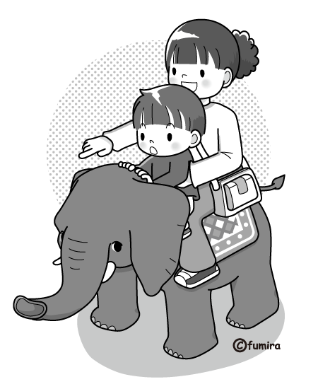 ゾウに乗る親子のイラスト モノクロ