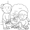 イースターエッグをひろいあつめる子どもたちとイースターバニー(ぬりえ) イースターエッグをひろいあつめる子どもたちとイースターバニー(ぬりえ)