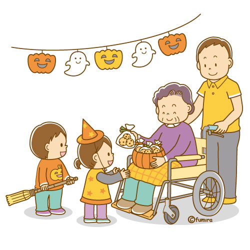 イラスト 仮装したこどもたちにハロウィンのお菓子を上げる老人 ソフト 子供と動物のイラスト屋さん わたなべふみ