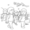 桜が咲いている道を登校する子どもたちのイラスト(ぬりえ) 桜が咲いている道を登校する子どもたちのイラスト(ぬりえ)