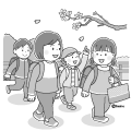 桜が咲いている道を登校する子どもたちのイラスト(モノクロ) 桜が咲いている道を登校する子どもたちのイラスト(モノクロ)