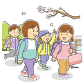桜が咲いている道を登校する子どもたちのイラスト(カラー) 桜が咲いている道を登校する子どもたちのイラスト(カラー)