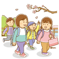 桜が咲いている道を登校する子どもたちのイラスト(ソフト) 桜が咲いている道を登校する子どもたちのイラスト(ソフト)