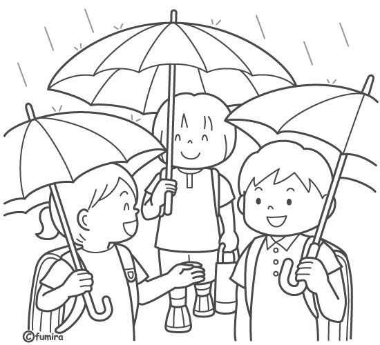傘をさして学校に行く子どもたちのイラスト（ぬりえ）