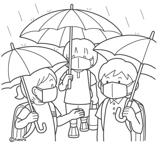 マスクをして傘をさして学校に行く子どもたちのイラスト（ぬりえ）