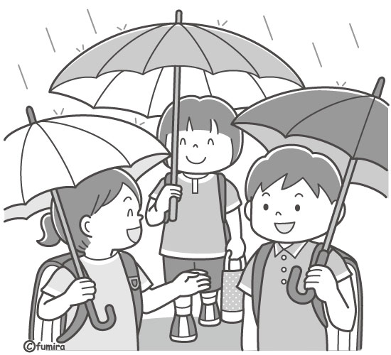 傘をさして学校に行く子どもたちのイラスト（モノクロ）