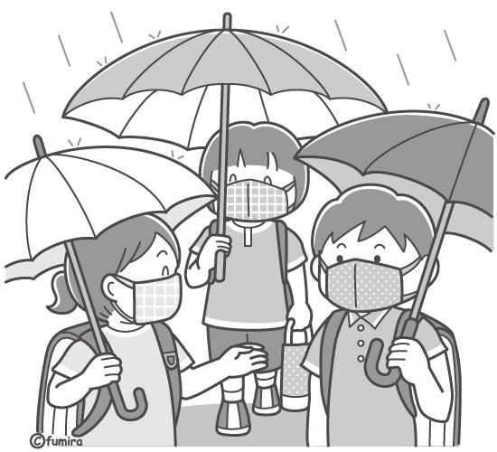 マスクをして傘をさして学校に行く子どもたちのイラスト（モノクロ）