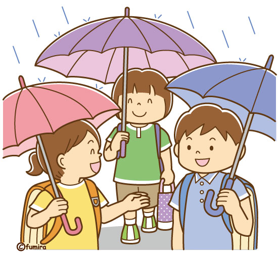傘をさして学校に行く子どもたちのイラスト（ソフト）