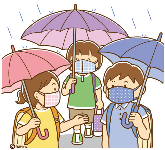 マスクをして傘をさして学校に行く子どもたちのイラスト（ソフト）