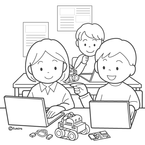 ロボットを動かすプログラミングの学習をする子どもたちのイラスト（ぬりえ）