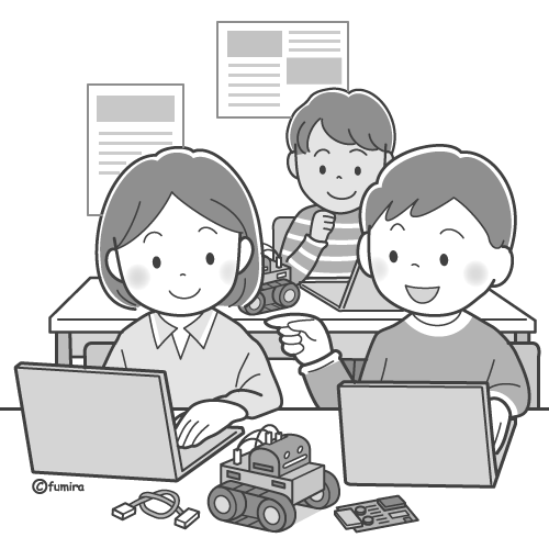 ロボットを動かすプログラミングの学習をする子どもたちのイラスト（モノクロ）